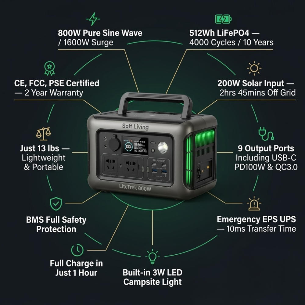 Soft Living LiteTrek 800W Portable Power Station - 512Wh LiFePO4 Solar Generator for Camping & Outdoors