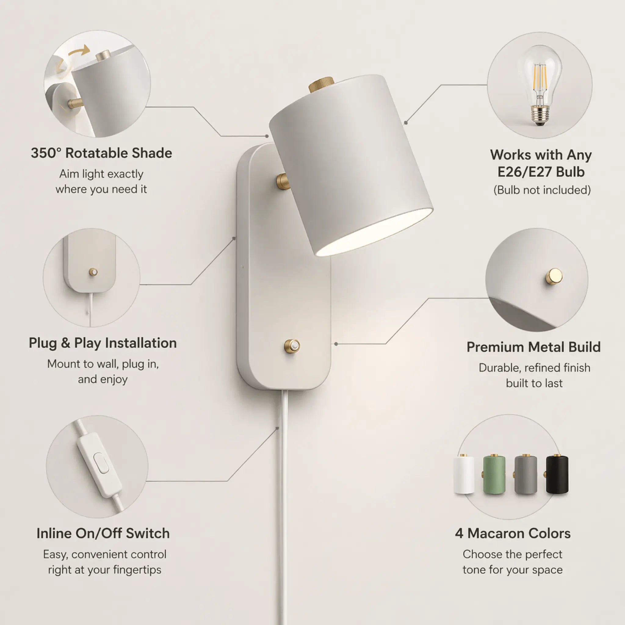Rotatable Cylinder Plug in Wall Lamp
